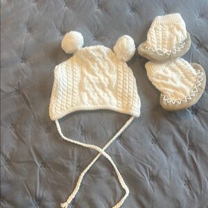 Cozy White Knit Pom-Pom Hat and Booties Set